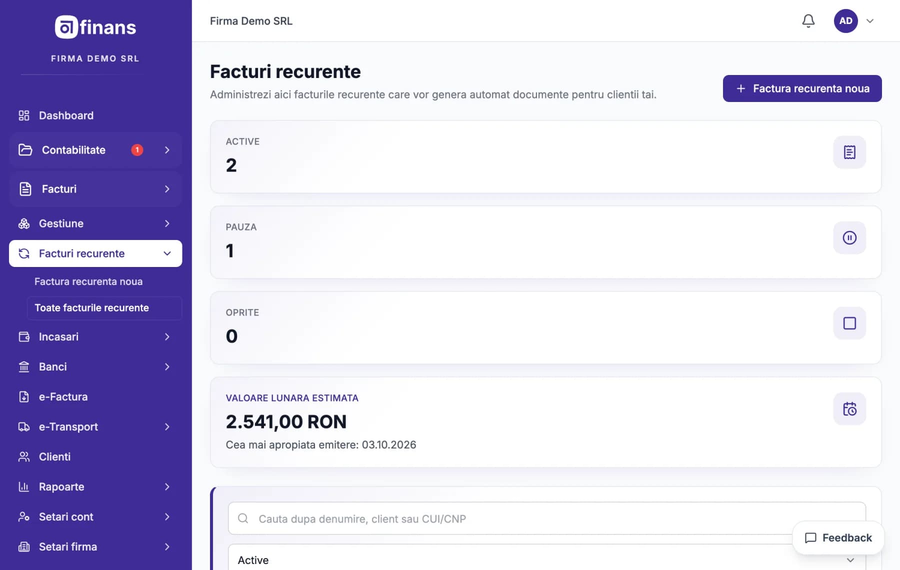 Ecranul Abonamente din Finans, cu datele unei firme fictive