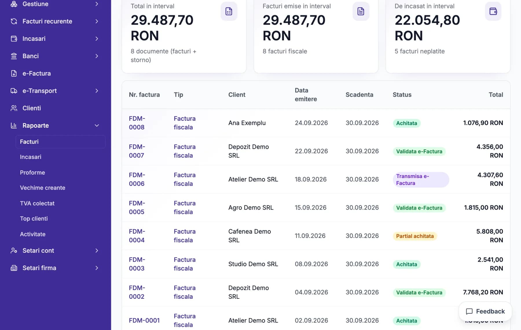 Ecranul e-Factura din Finans, cu datele unei firme fictive