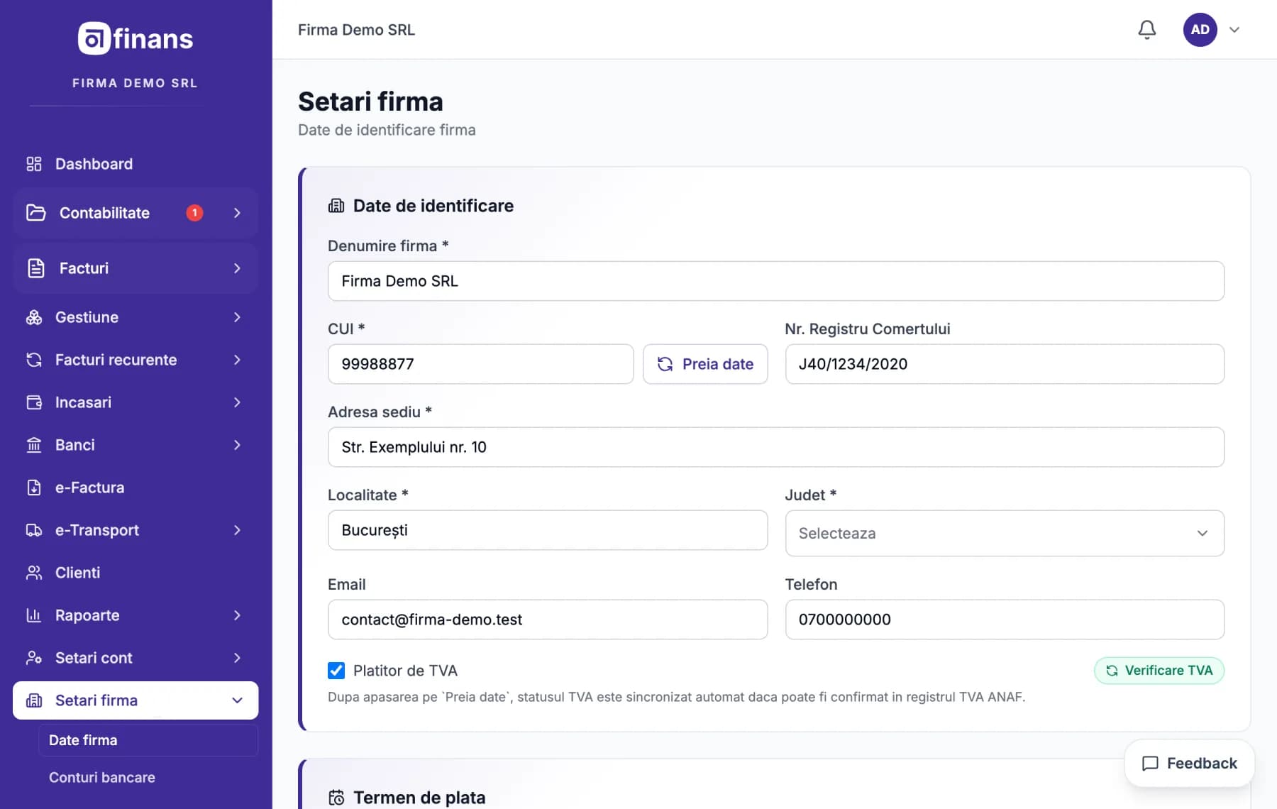 Ecranul Setări din Finans, cu datele unei firme fictive