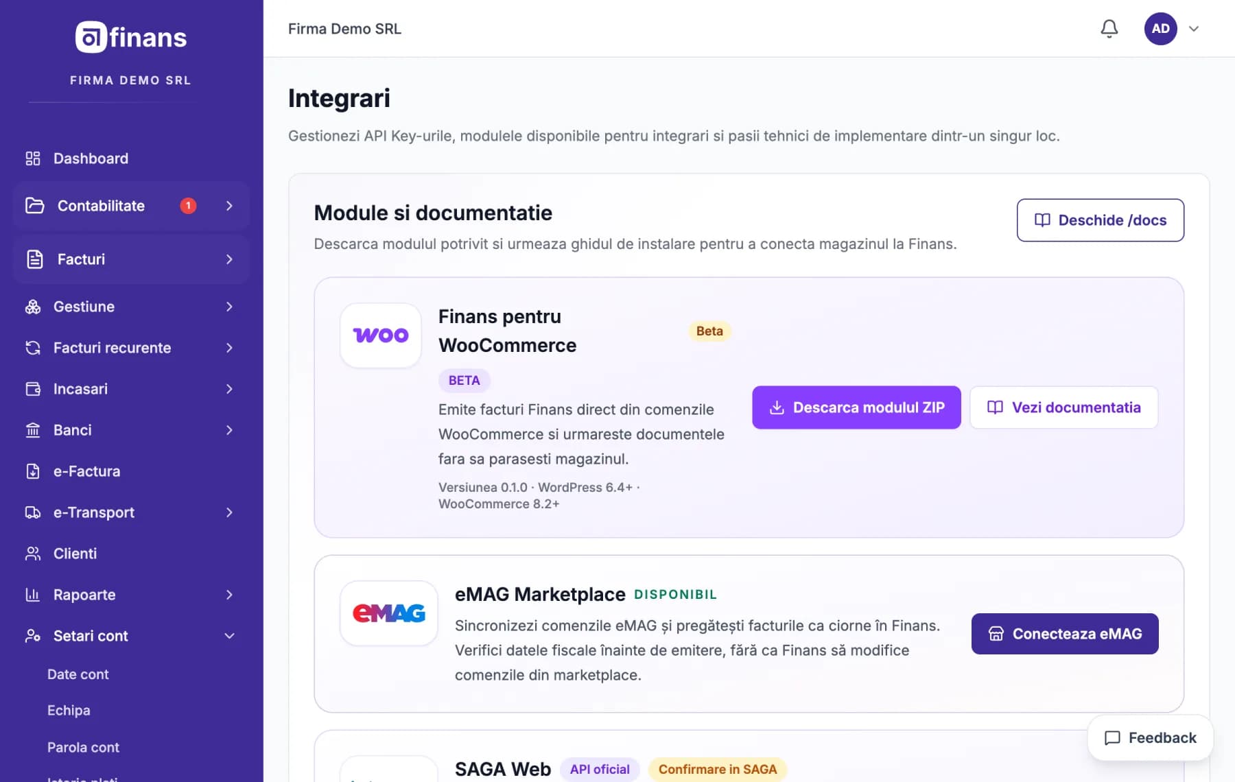 Ecranul SAGA din Finans, cu datele unei firme fictive