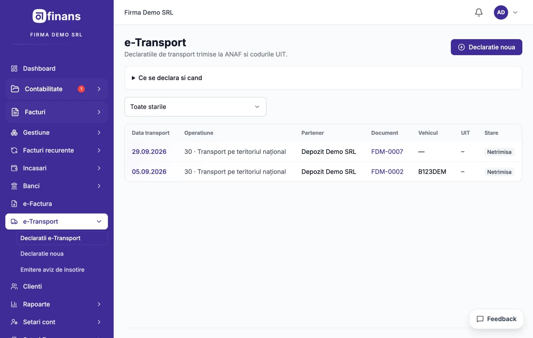 Ecranul e-Transport din Finans, cu datele unei firme fictive
