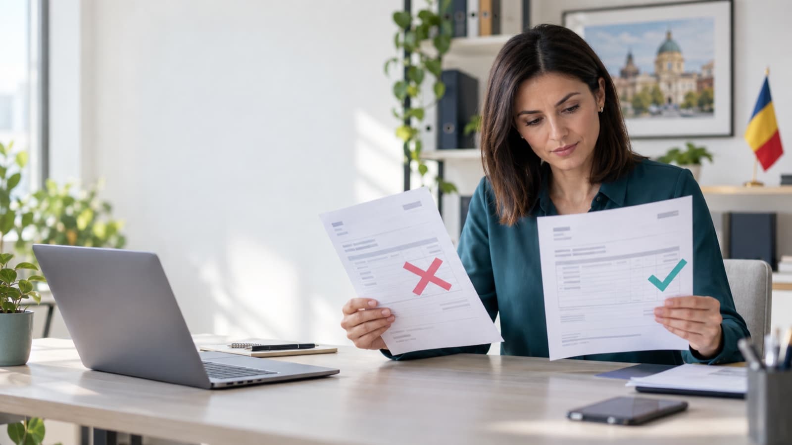 Administratoare care compară factura inițială cu documentul de corecție