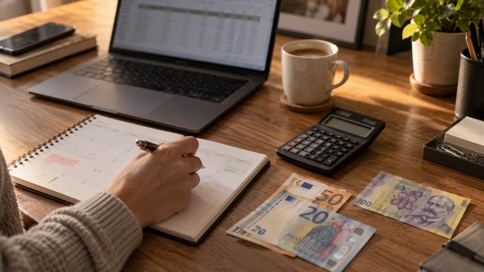 Calendar lunar, calculator și valute pregătite pentru conversia unui abonament din euro în lei
