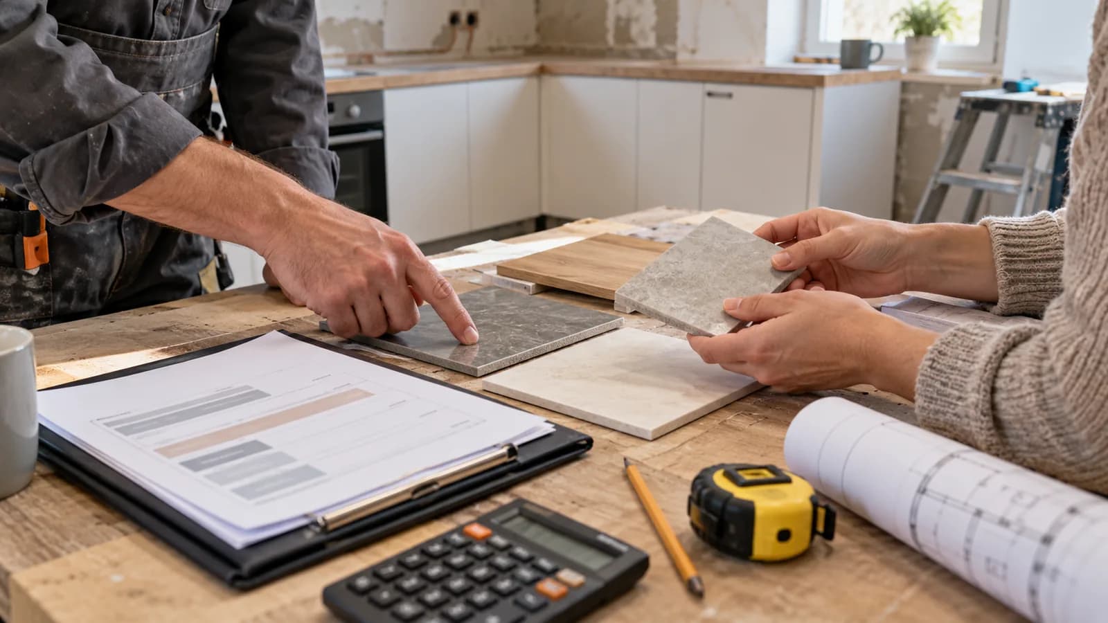 Meșter și client care compară mostrele și documentele etapelor unei renovări