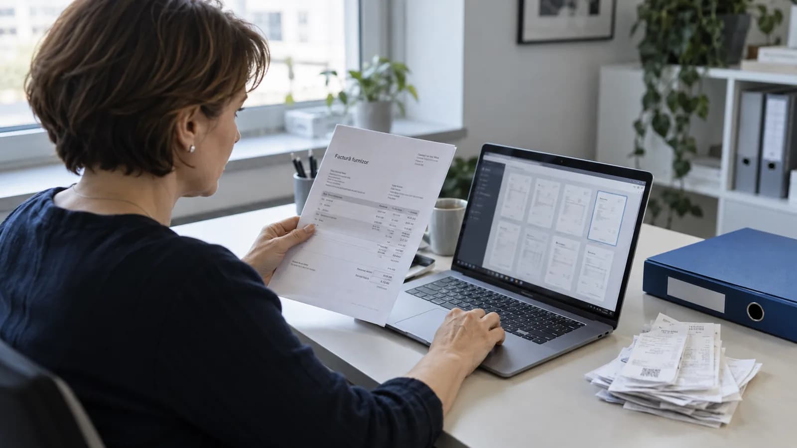 Administratoare care compară o factură de furnizor cu documentele primite pe laptop