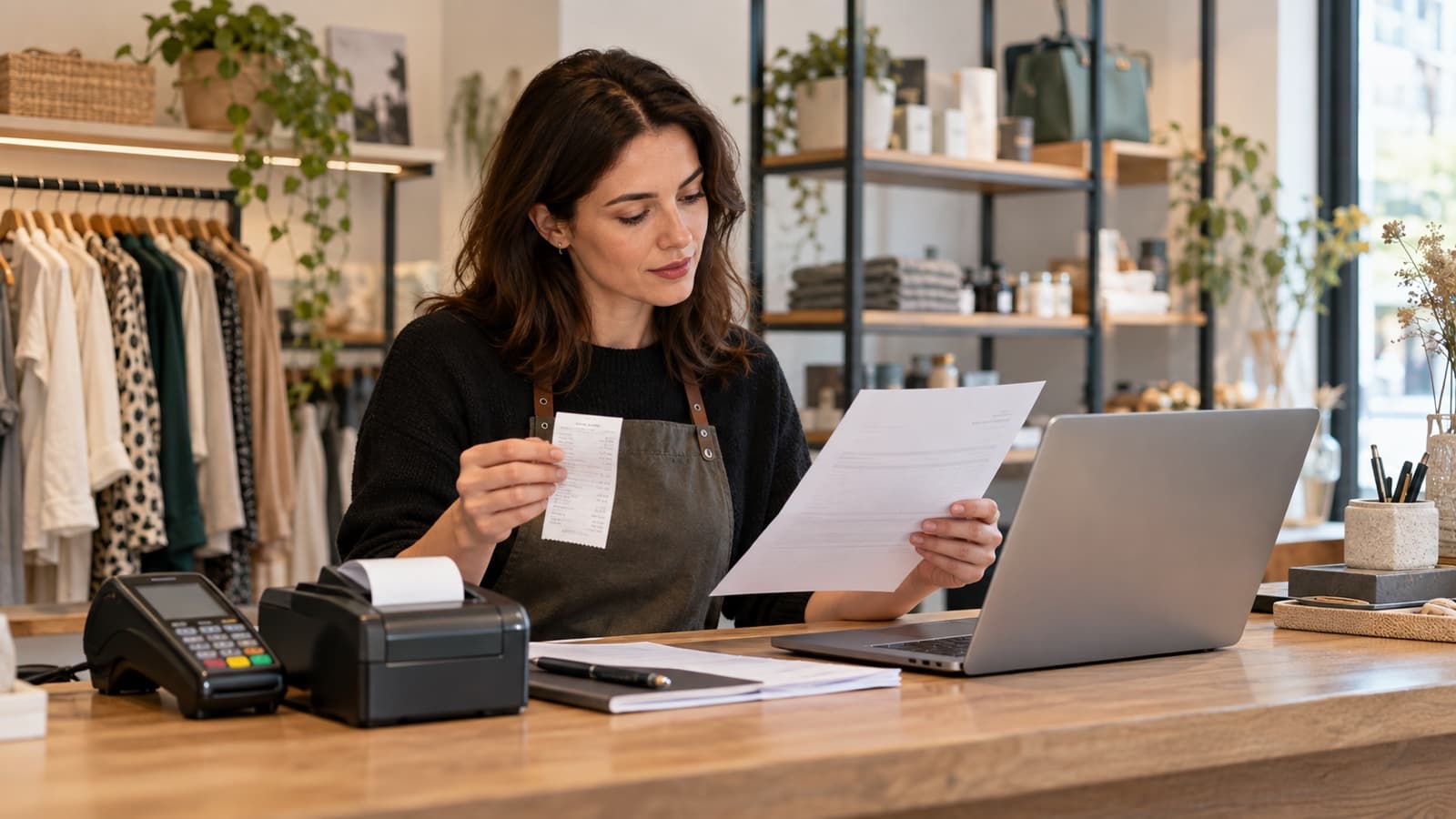 Comerciantă care compară un bon fiscal cu o factură simplificată