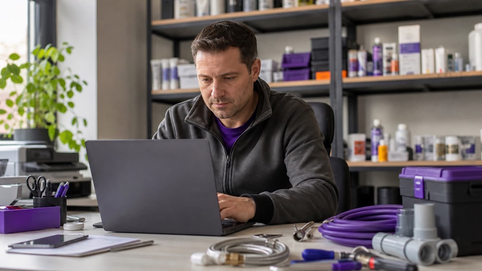 Administrator al unei firme de servicii care urmărește materialele și facturile pe laptop