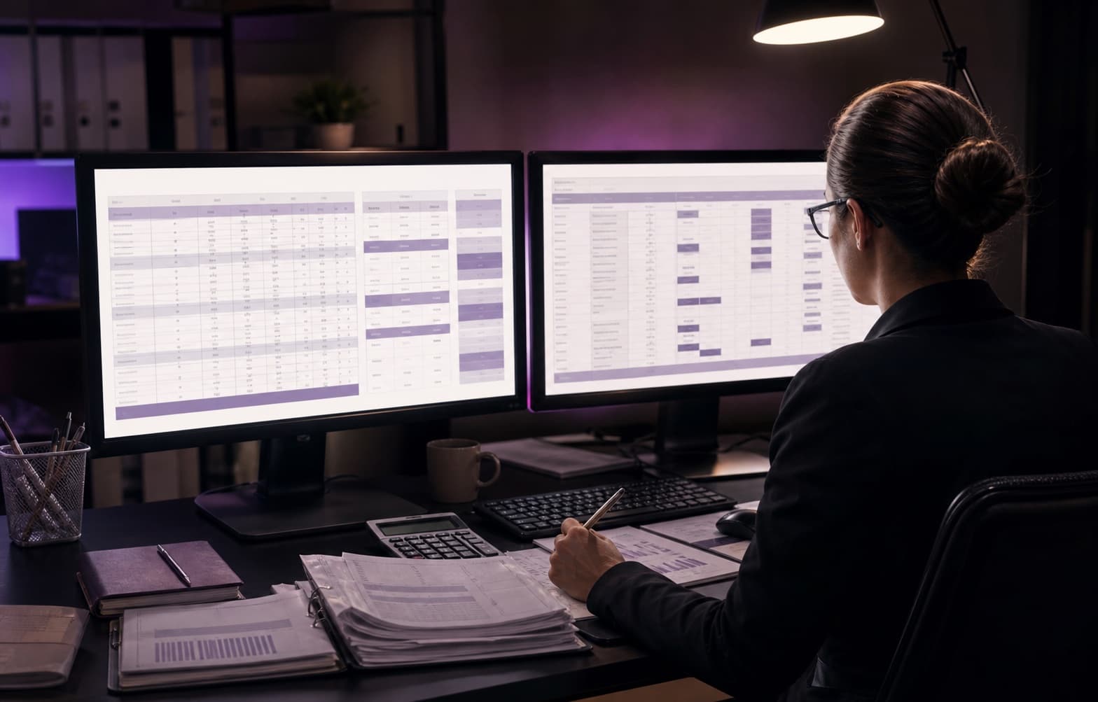Specialist financiar care compară rapoarte fiscale pe două ecrane