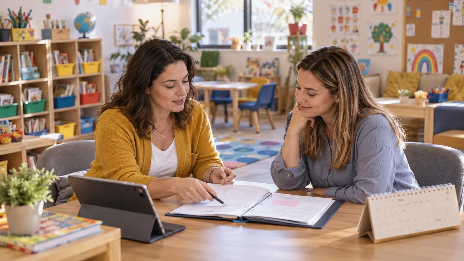 Administratoare de centru after-school și părinte care verifică abonamentul lunar