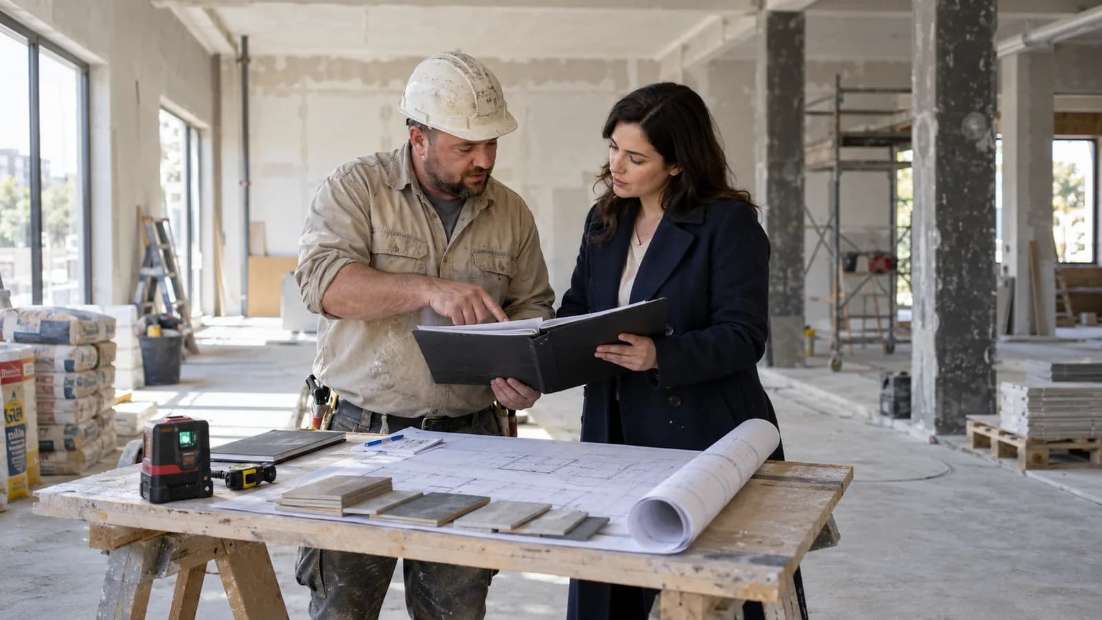 Antreprenor în construcții și clientă care verifică documentele etapelor de lucru pe șantier