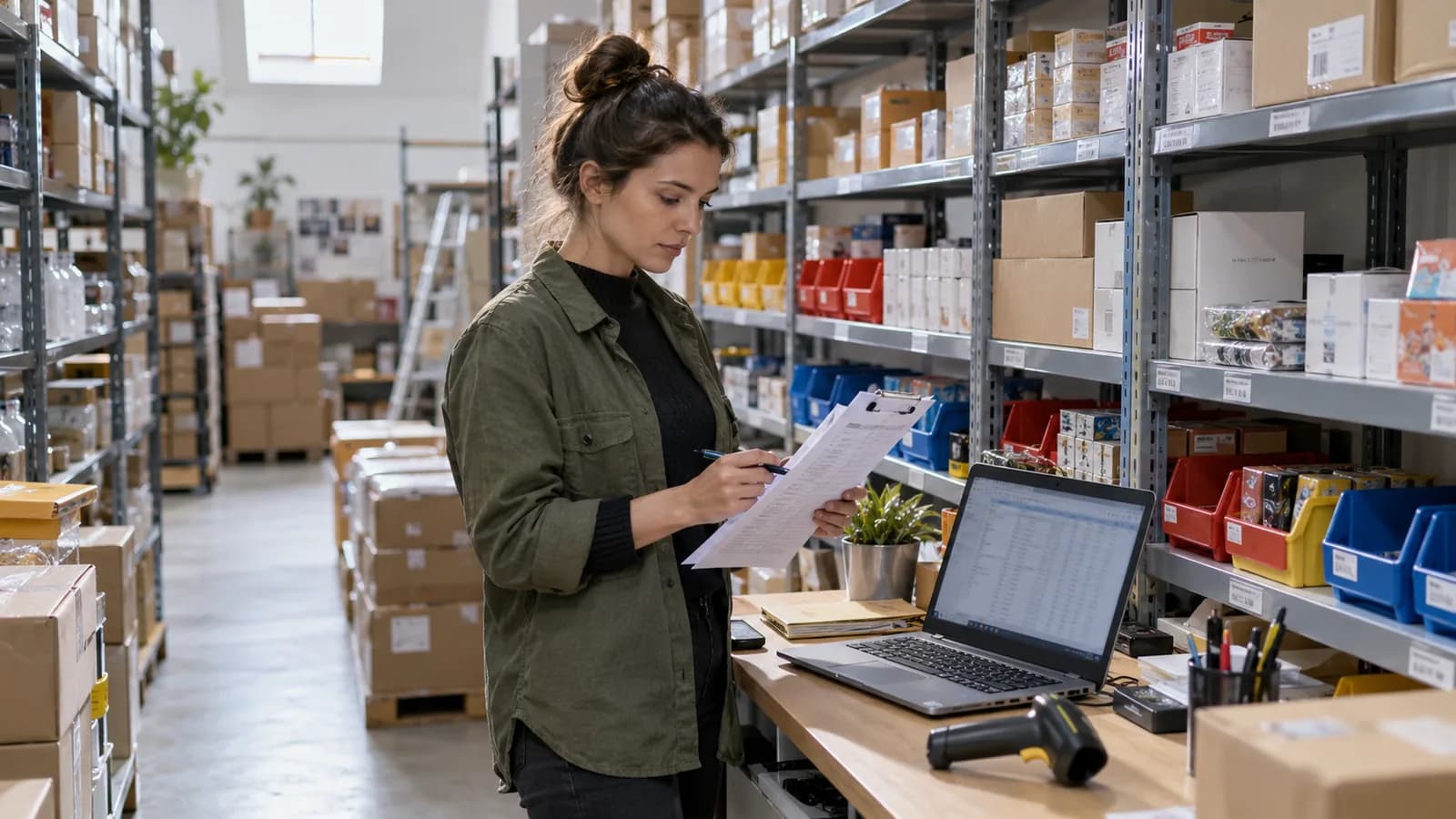 Gestionară care verifică stocul inițial lângă un laptop cu tabelul de produse