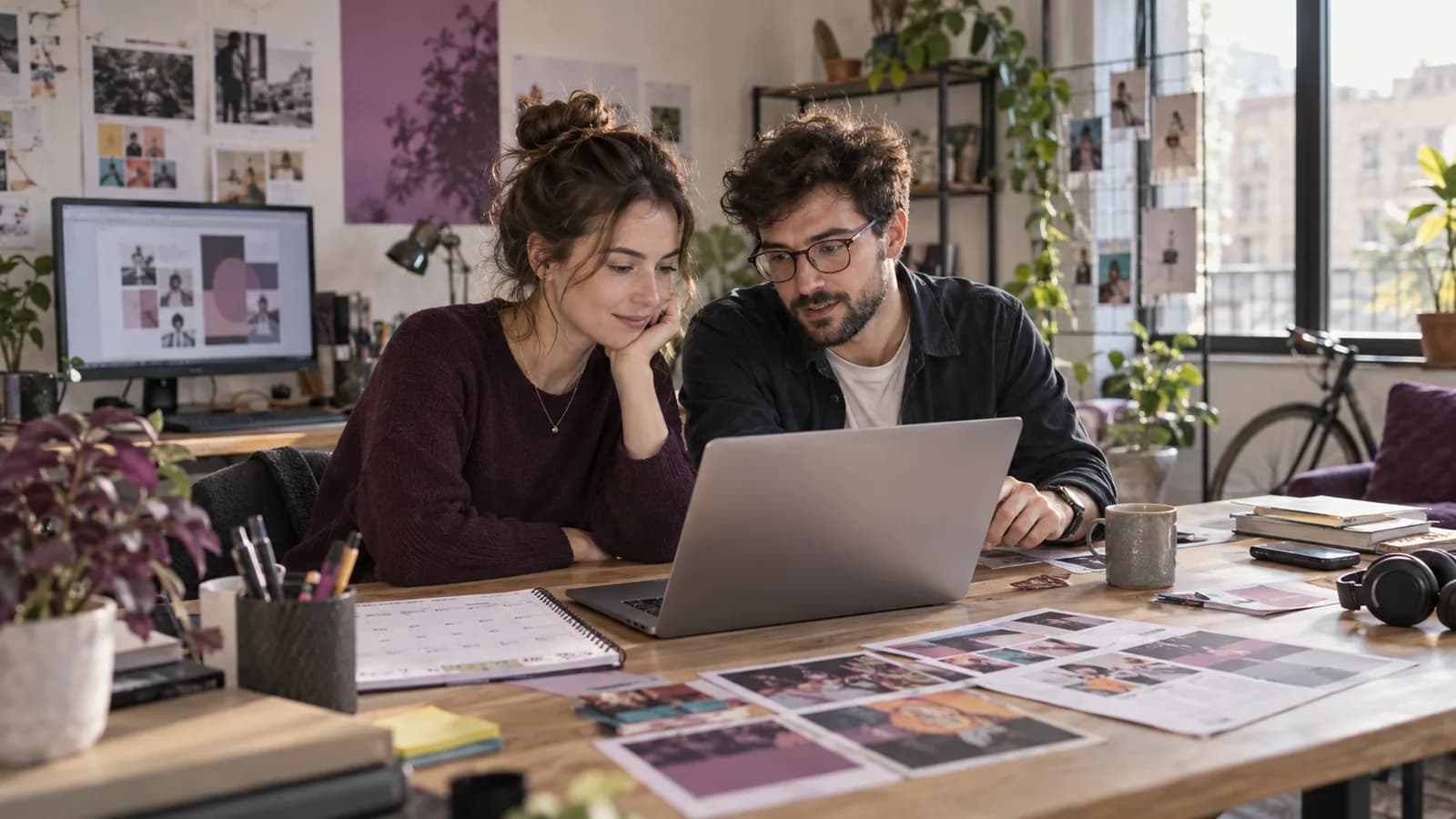Doi colegi dintr-o agenție de marketing verifică abonamentele clienților la laptop