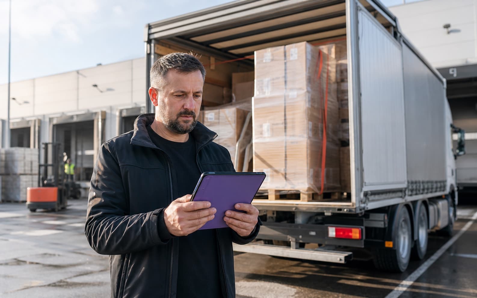 Camion de marfă pe un drum din România și operator logistic cu tabletă