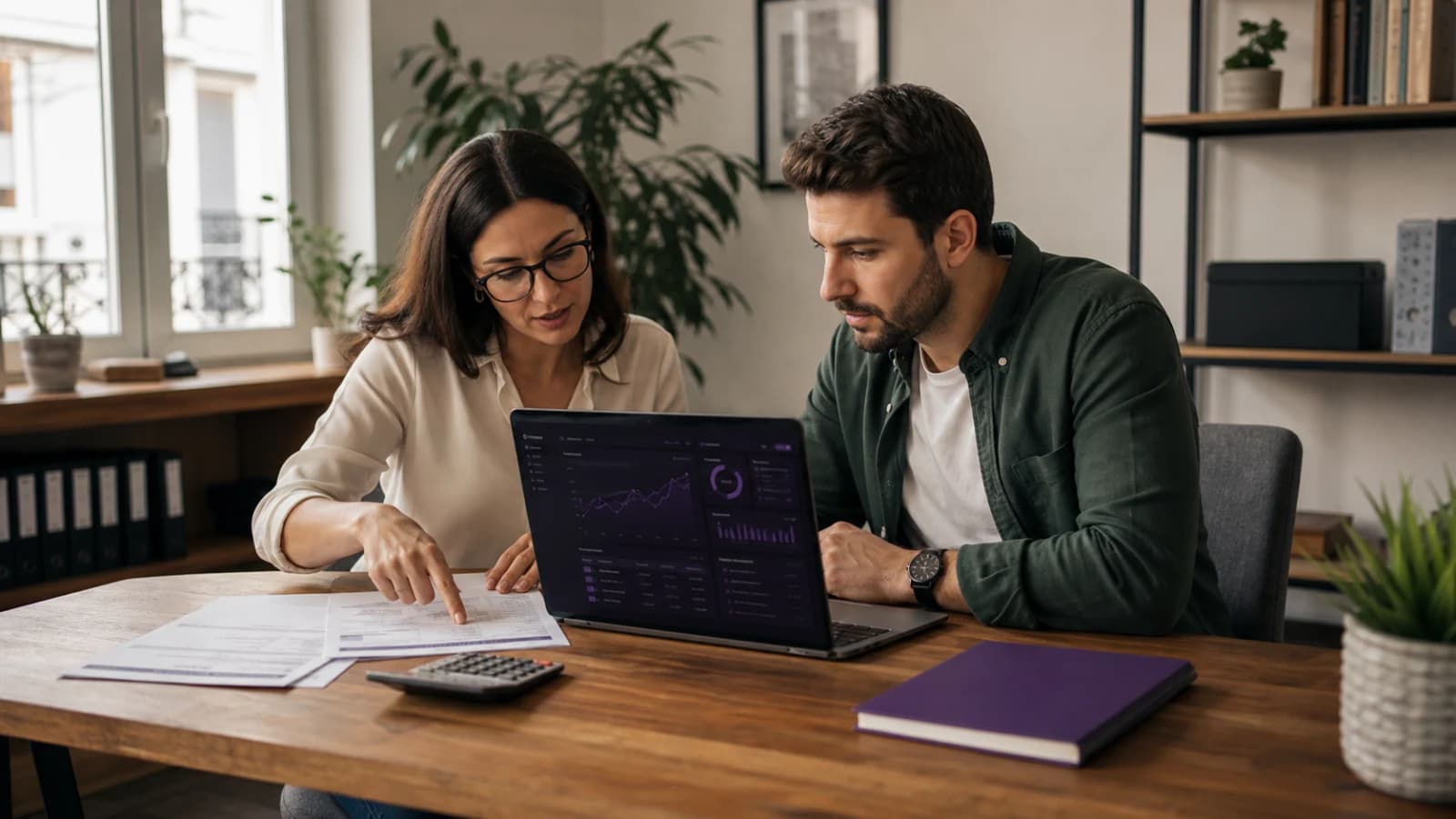 Antreprenor și expert contabil lucrând împreună în platforma Finans